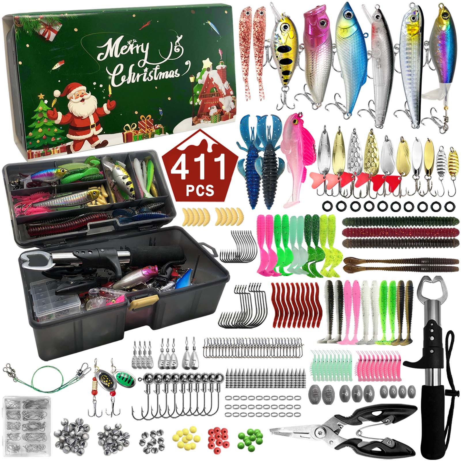 Fishing Lure Jerkbait - 411/366/136/86-teiliges Weihnachts-Angelköder-Set mit Aufbewahrungsbox, geeignet für
